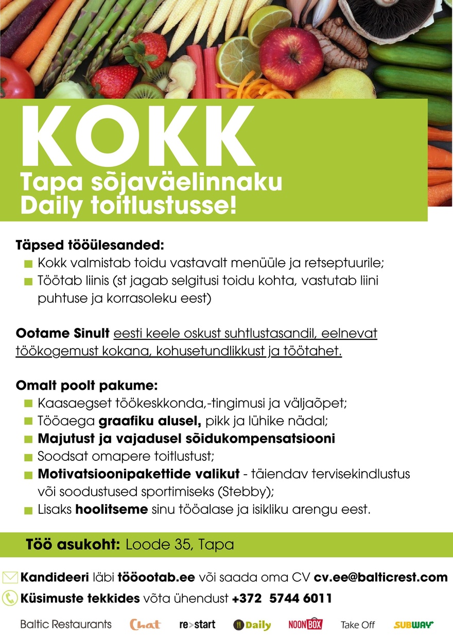 Baltic Restaurants KOKK Tapa sõjaväelinnaku Daily toitlustusse!