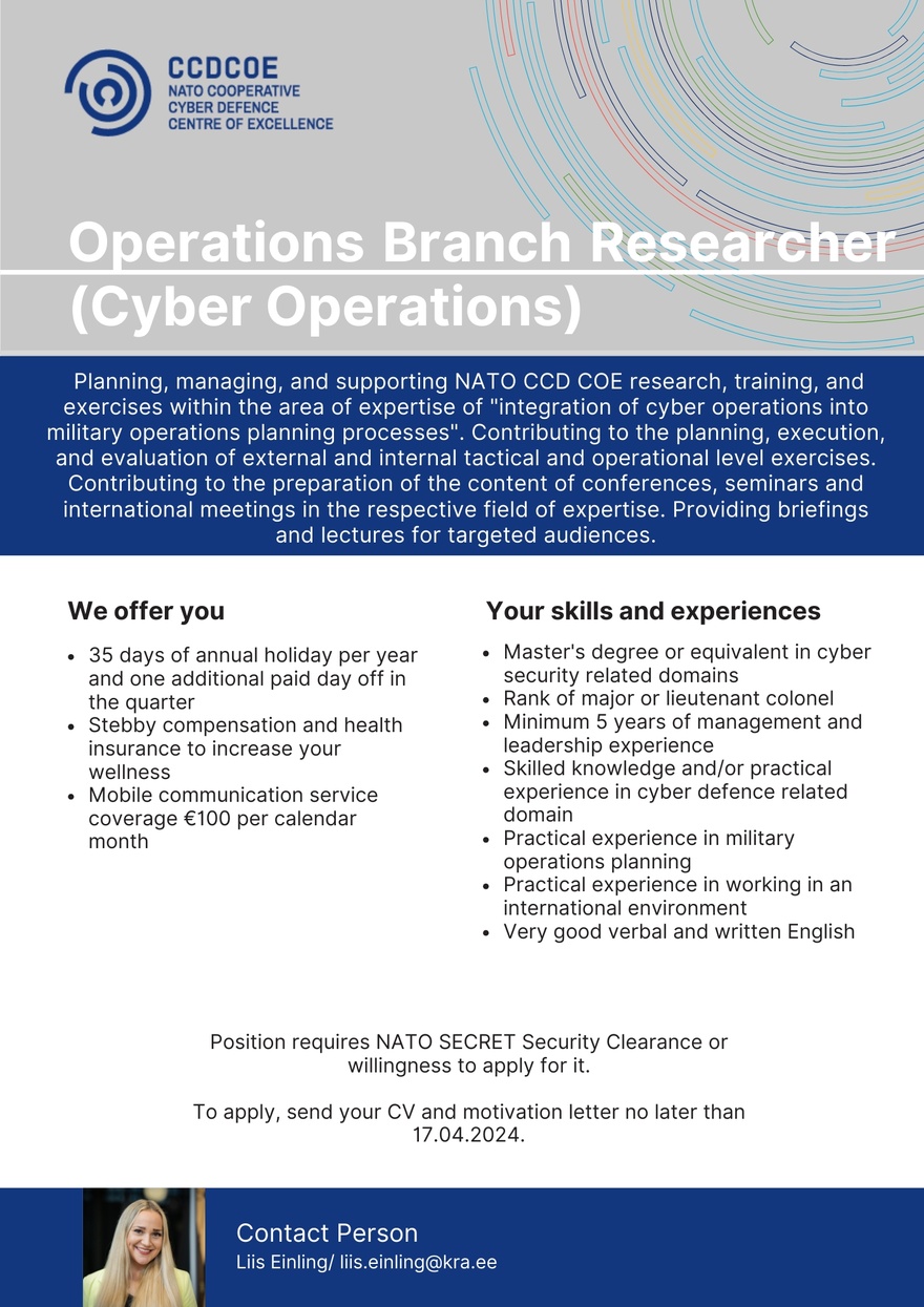 CR14 NATO CCDCOE Operations Branch Researcher (Cyber Operations)