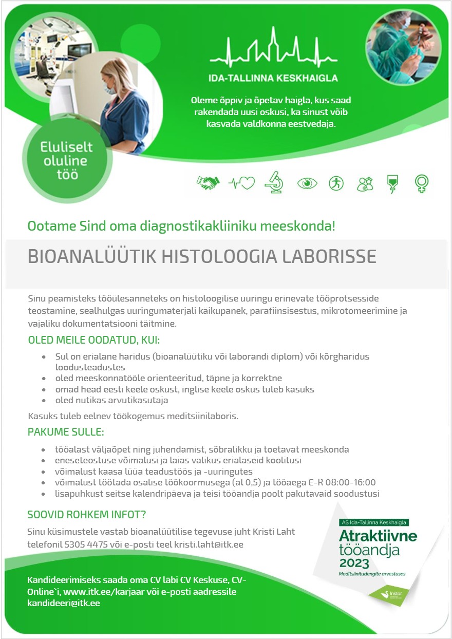 AS Ida-Tallinna Keskhaigla Bioanalüütik histoloogia laborisse