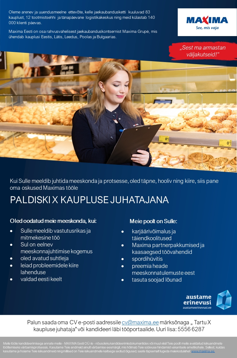 Maxima Eesti OÜ Paldiski X kaupluse juhataja