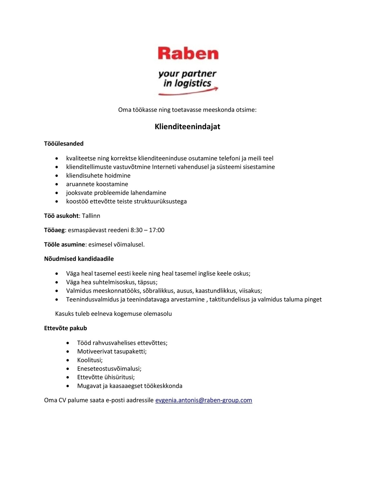 Raben Eesti OÜ Klienditeenindaja