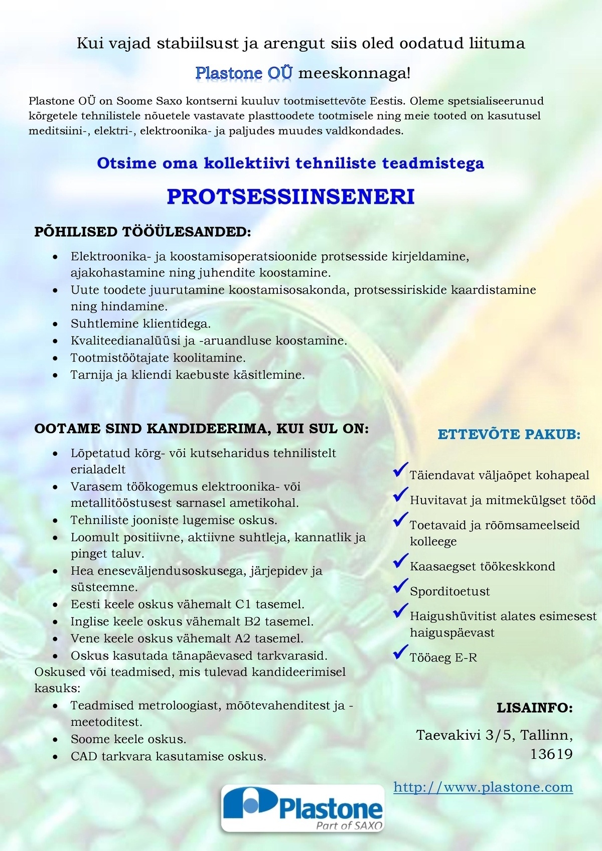 Plastone OÜ Protsessiinsener