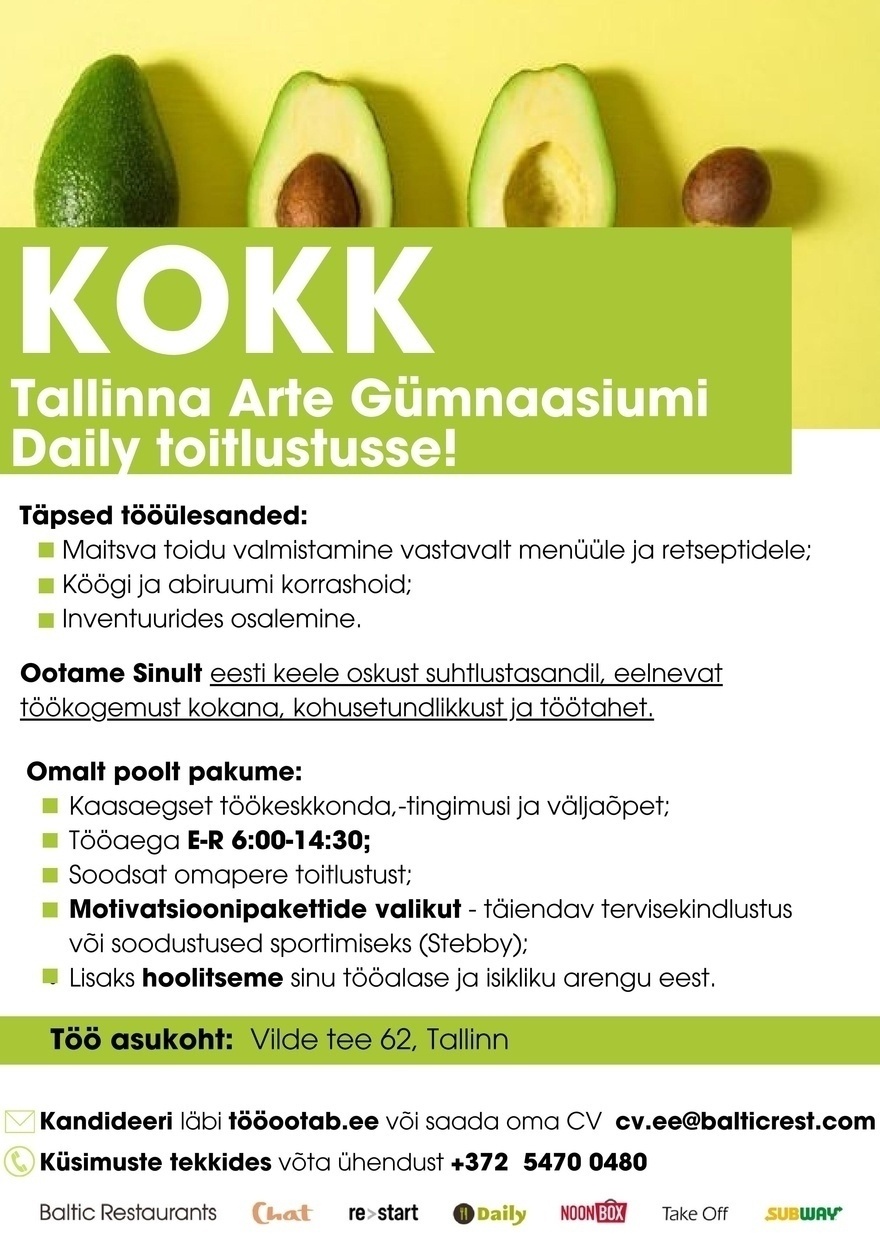 Baltic Restaurants Estonia KOKK Tallinna Arte Gümnaasiumi Daily toitlustusse!