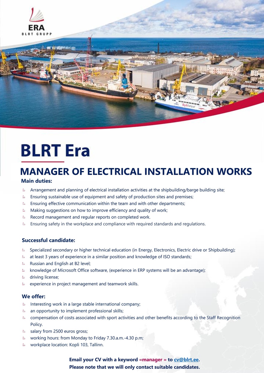 BLRT ERA AS MANAGER OF ELECTRICAL INSTALLATION WORKS