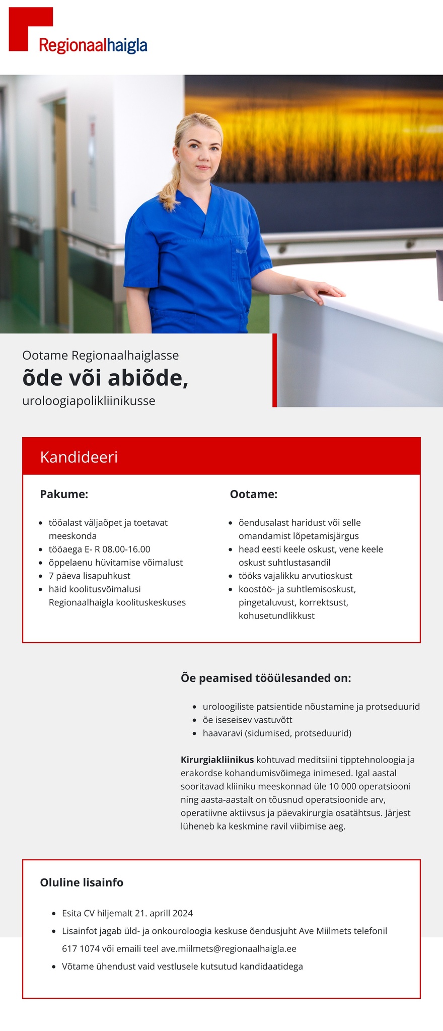 Põhja-Eesti Regionaalhaigla Õde või abiõde uroloogiapolikliinikusse