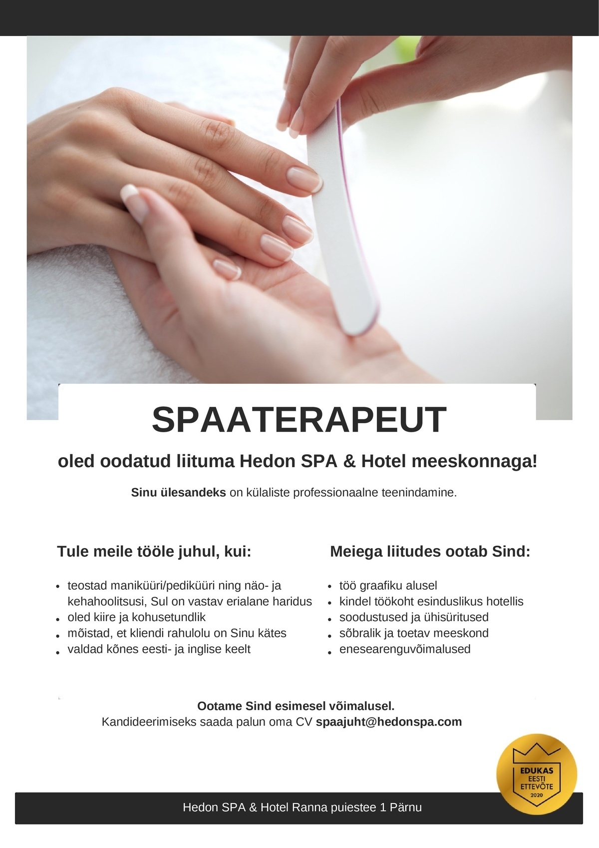 Supeluse Hotell OÜ Hedon SPA & HOTEL Spaaterapeut