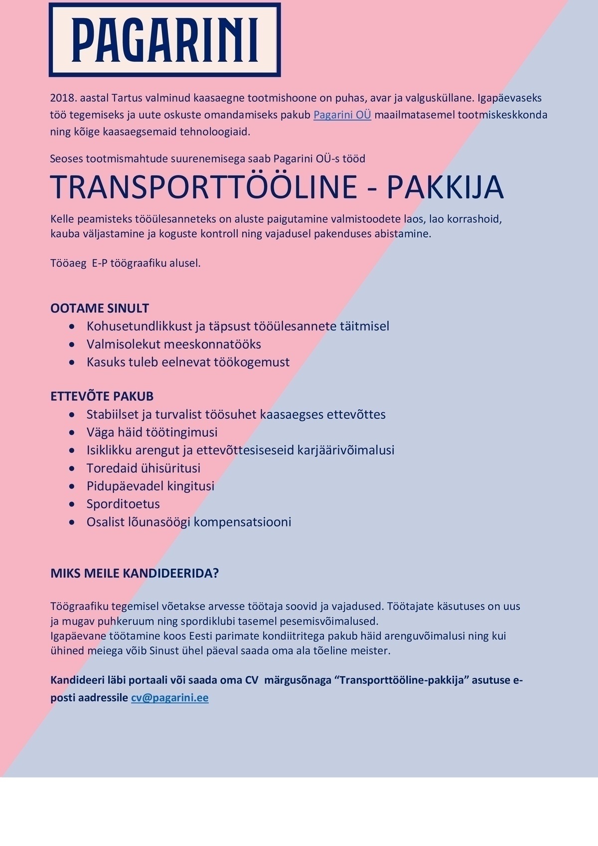 Pagarini OÜ Transporttööline - pakkija