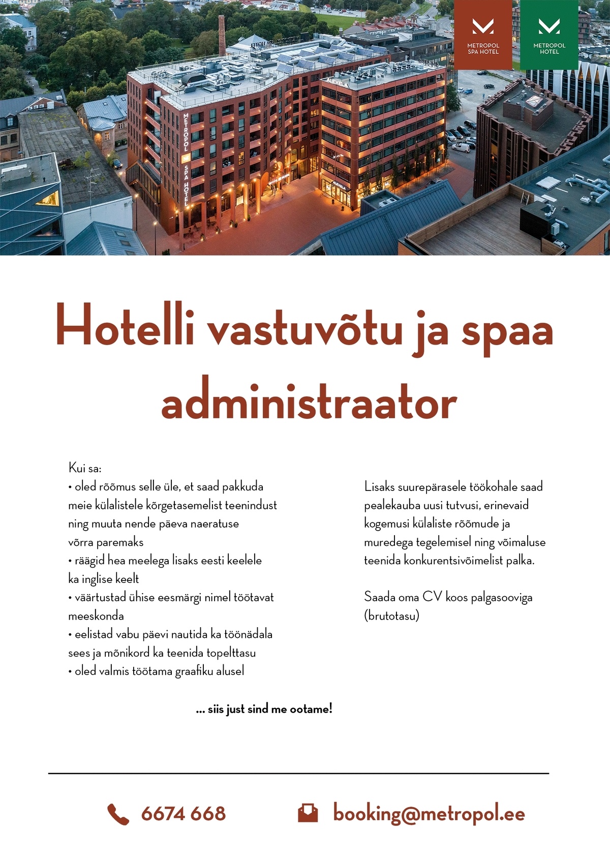 Metropol Hotellid / Haveli Invest OÜ Hotelli vastuvõtu ja spaa administraator