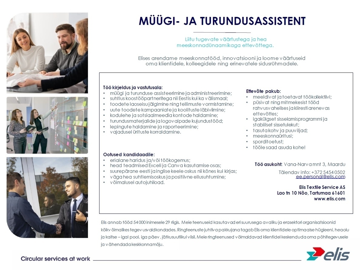 ELIS TEXTILE SERVICE AS Müügi- ja turundusassistent (Tallinn/Maardu)