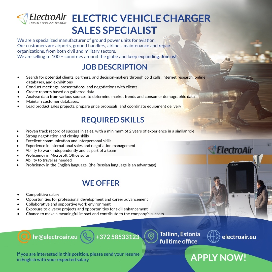 ELECTROAIR OÜ SALES SPECIALIST (ELECTRIC VEHICLE CHARGERS)