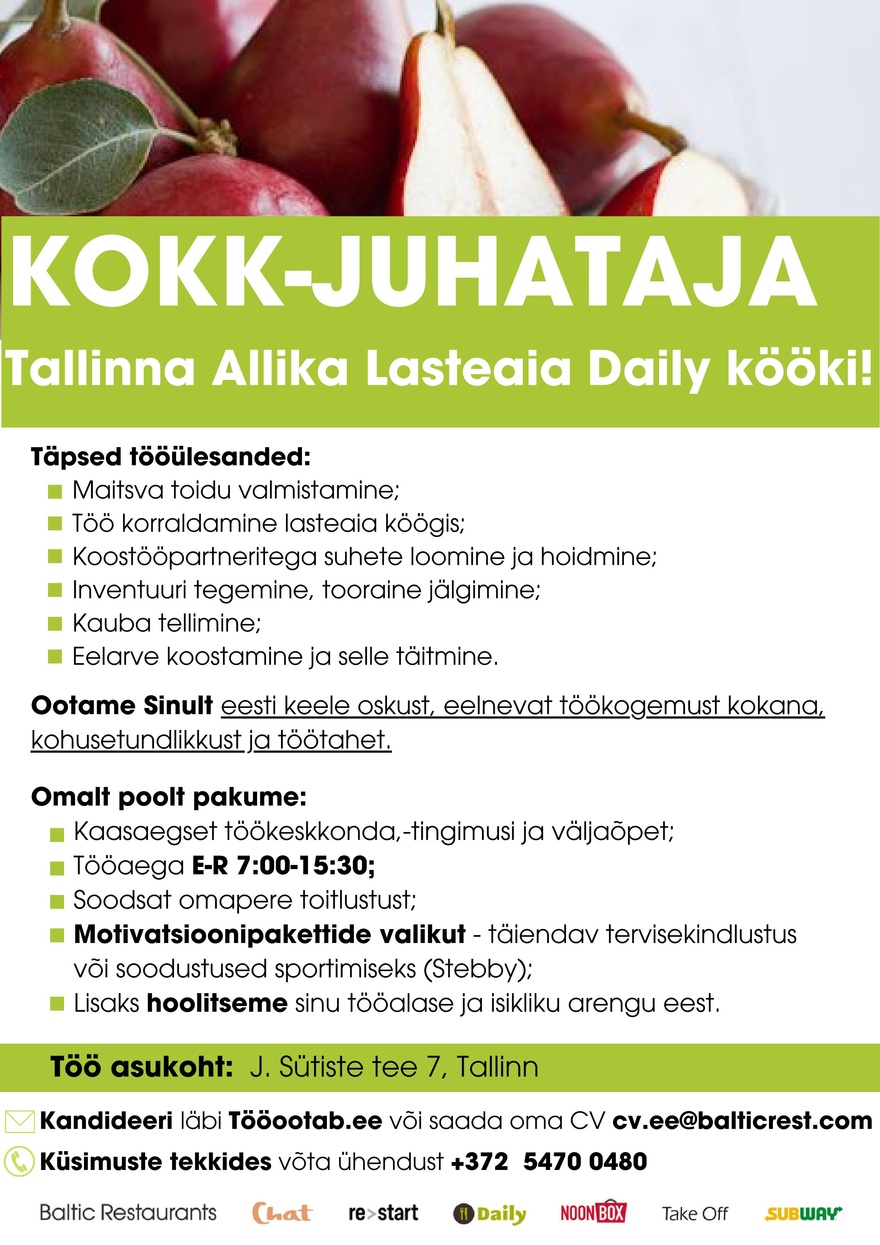 Baltic Restaurants Estonia KOKK-JUHATAJA Tallinna Allika lasteaia Daily kööki!