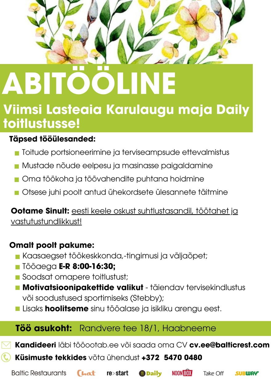 Baltic Restaurants Estonia ABITÖÖLINE Viimsi Lasteaia Karulaugu maja Daily toitlustusse!