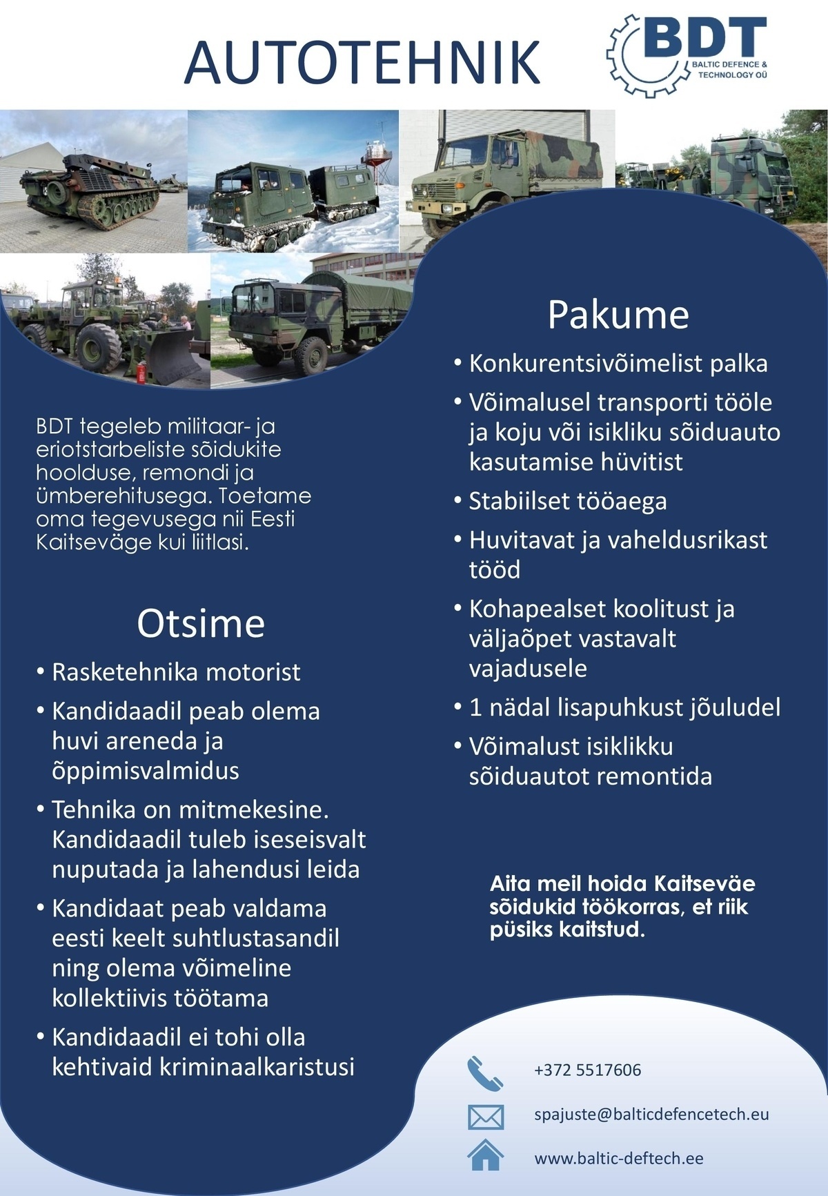 Baltic Defence & Technology OÜ Motorist, Rasketehnika agregaatide remont