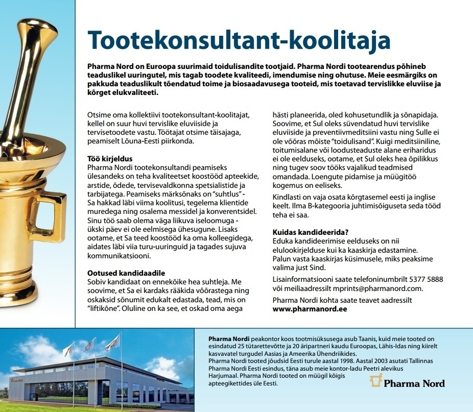 Pharma Nord Eesti OÜ Tootekonsultant - koolitaja
