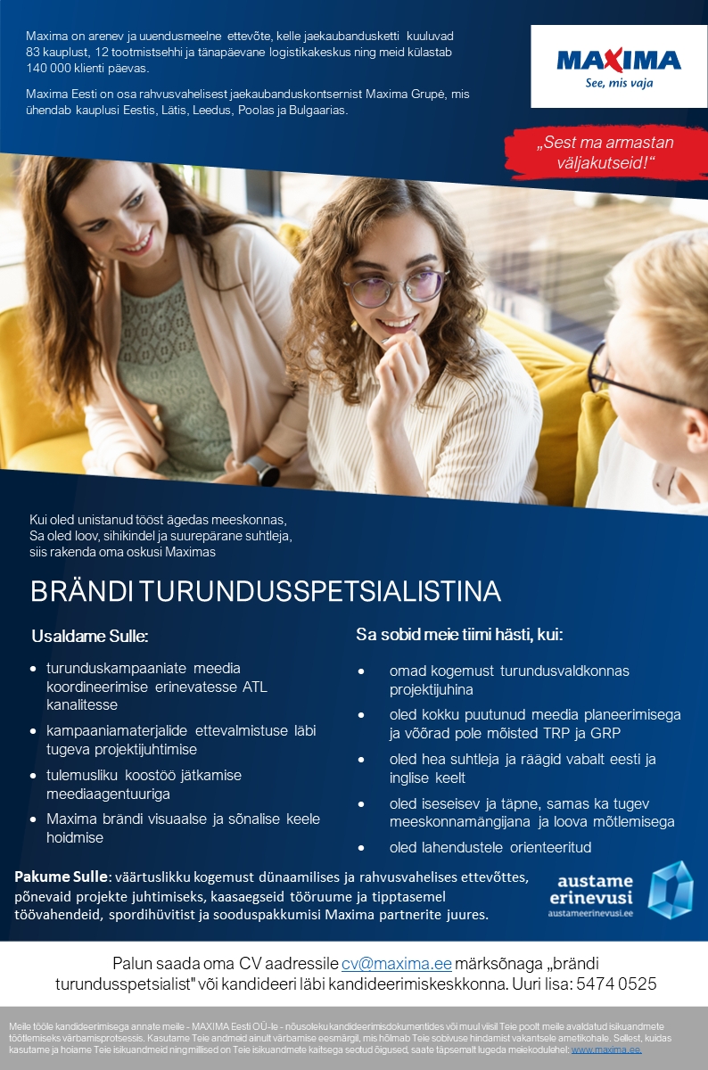 Maxima Eesti OÜ Brändi turundusspetsialist