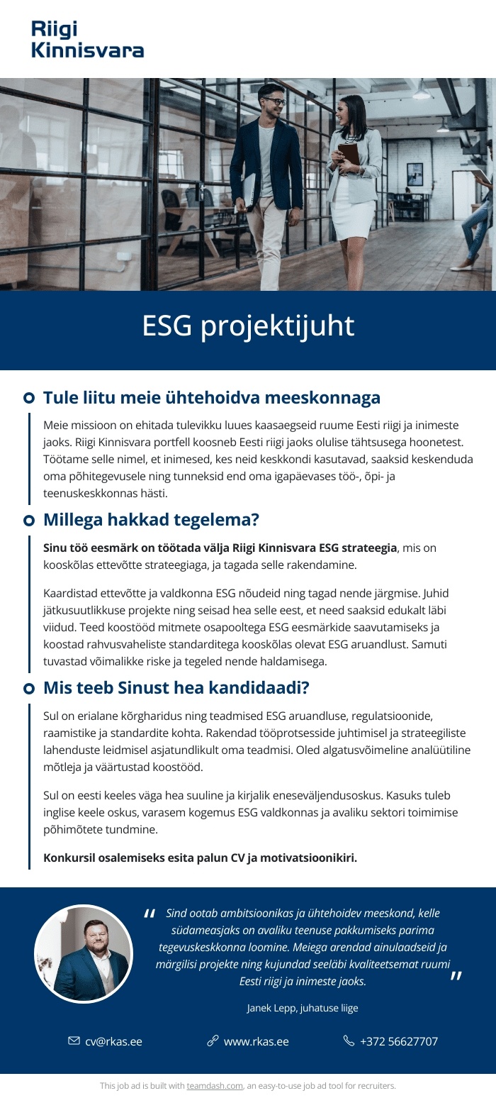 Riigi Kinnisvara AS ESG projektijuht