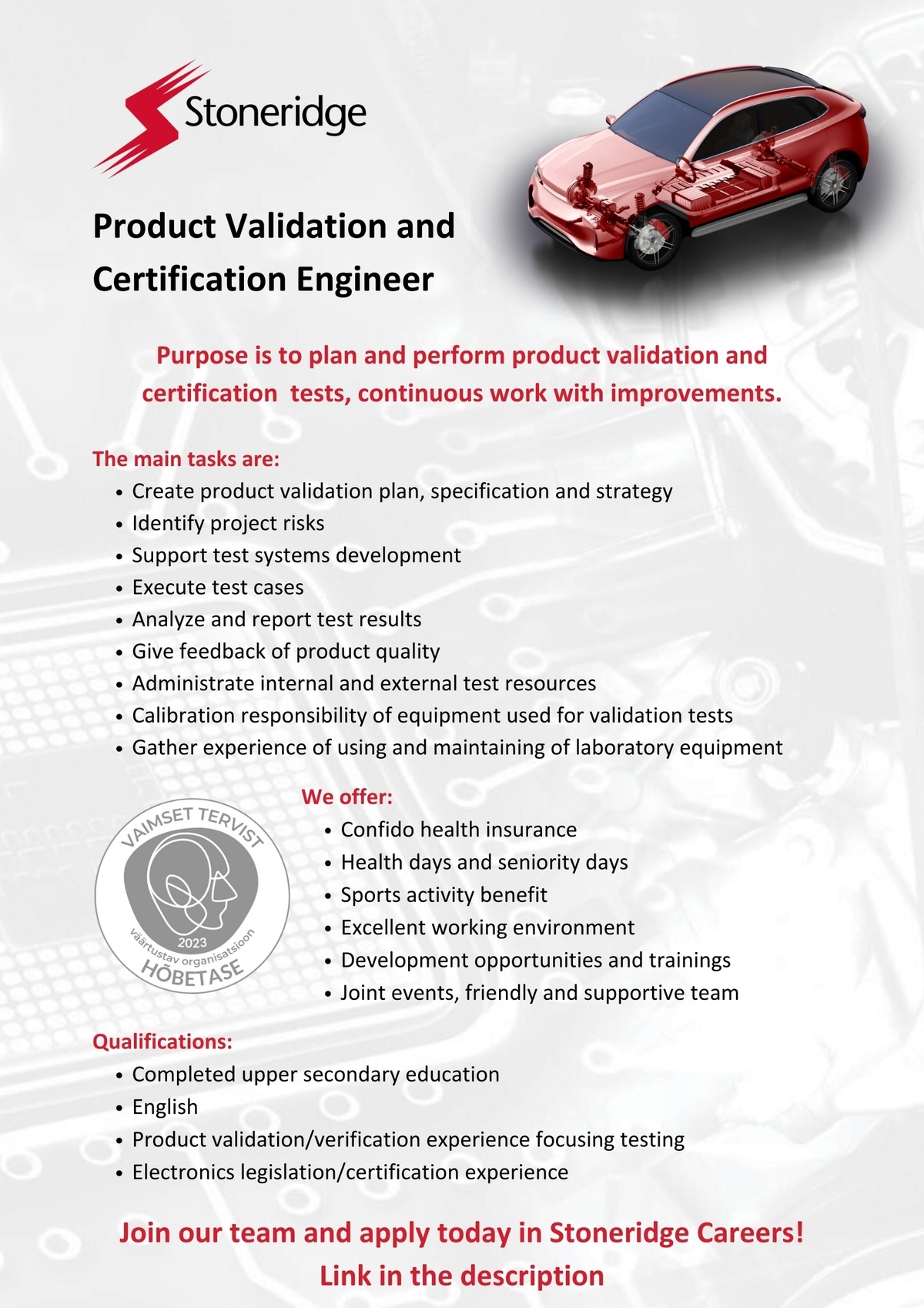 Stoneridge Electronics AS Product Validation and Certification Engineer