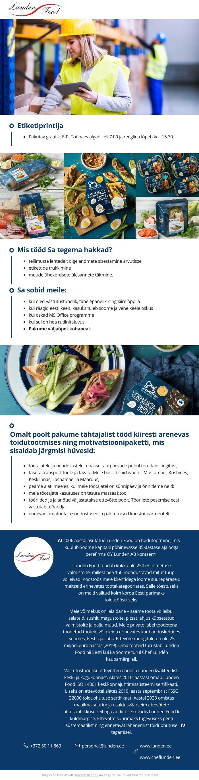 Lunden Food OÜ Etiketiprintija (tähtajaline leping)