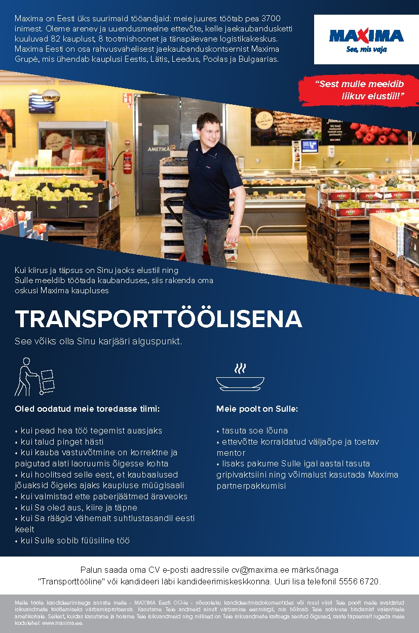 Maxima Eesti OÜ Transporttööline Lasnamäe Maximas