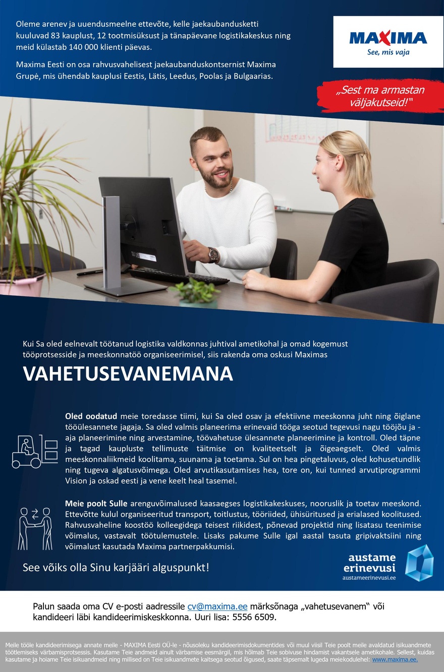 Maxima Eesti OÜ Vahetusevanem Maxima Logistikakeskuses