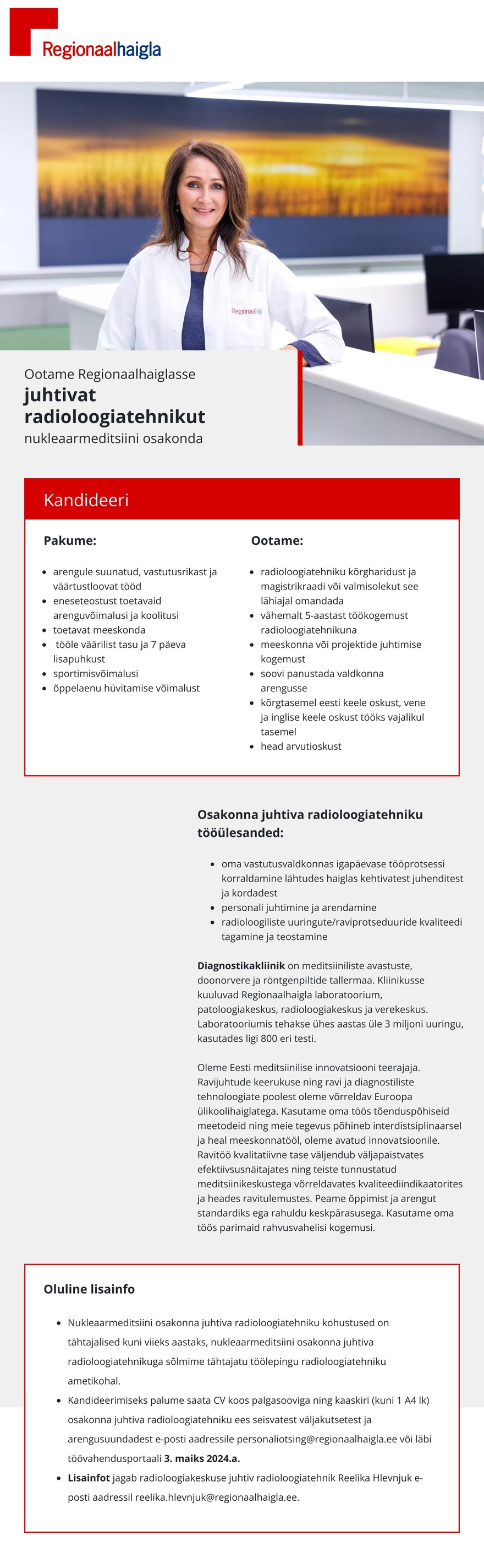 Põhja-Eesti Regionaalhaigla Juhtiv radioloogiatehnik nukleaarmeditsiini osakonda