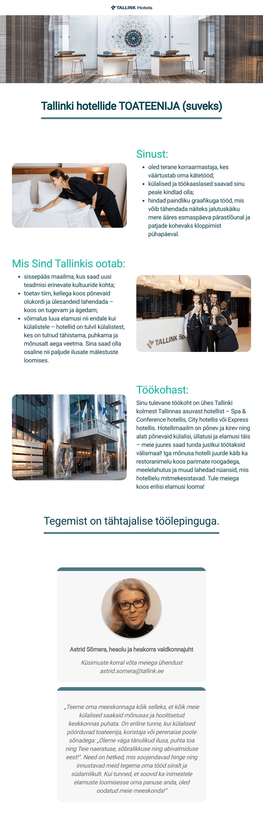 Tallink Grupp AS Tallinki hotellide toateenija (suveks)