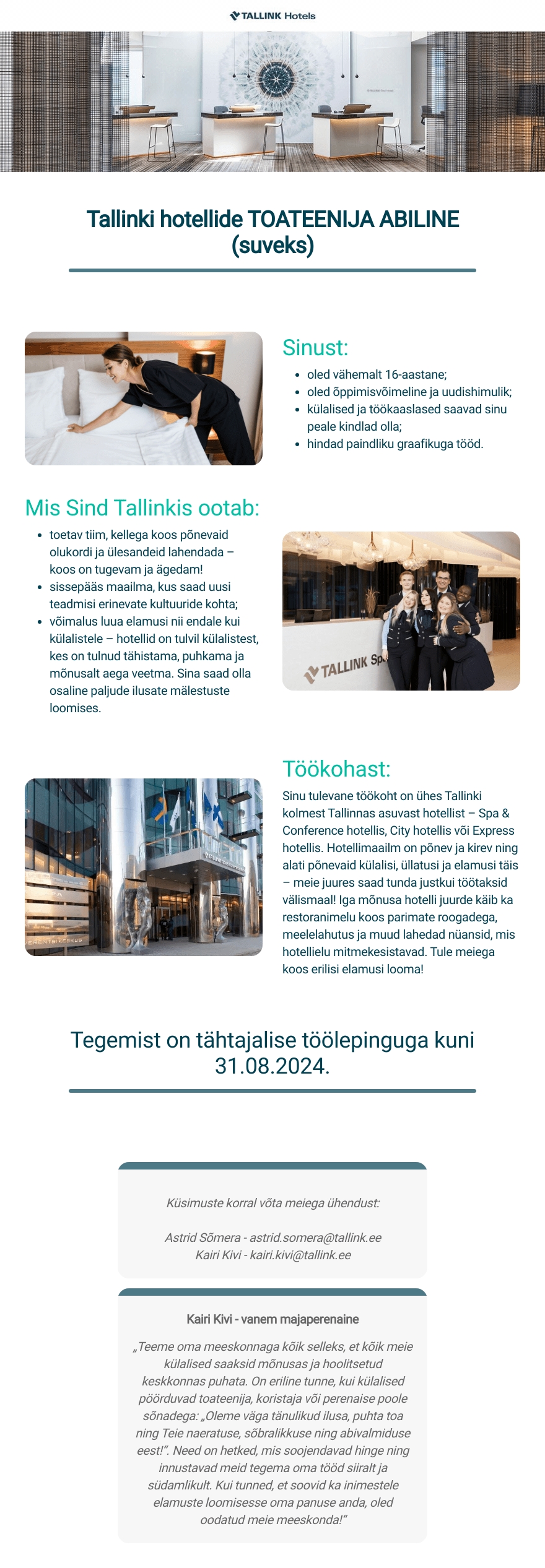 Tallink Grupp AS Tallinki hotellide toateenija abiline (suveks)