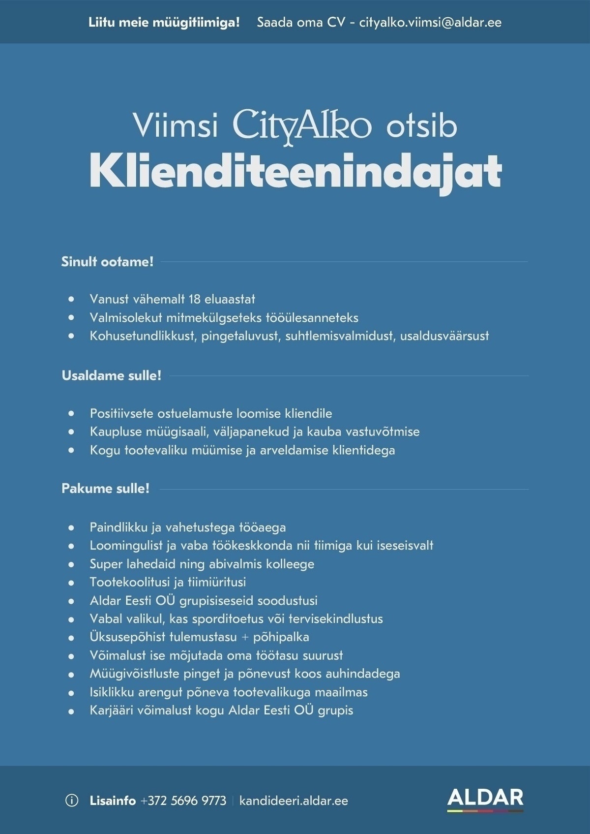 Aldar Eesti OÜ Klienditeenindaja Viimsi CityAlkosse