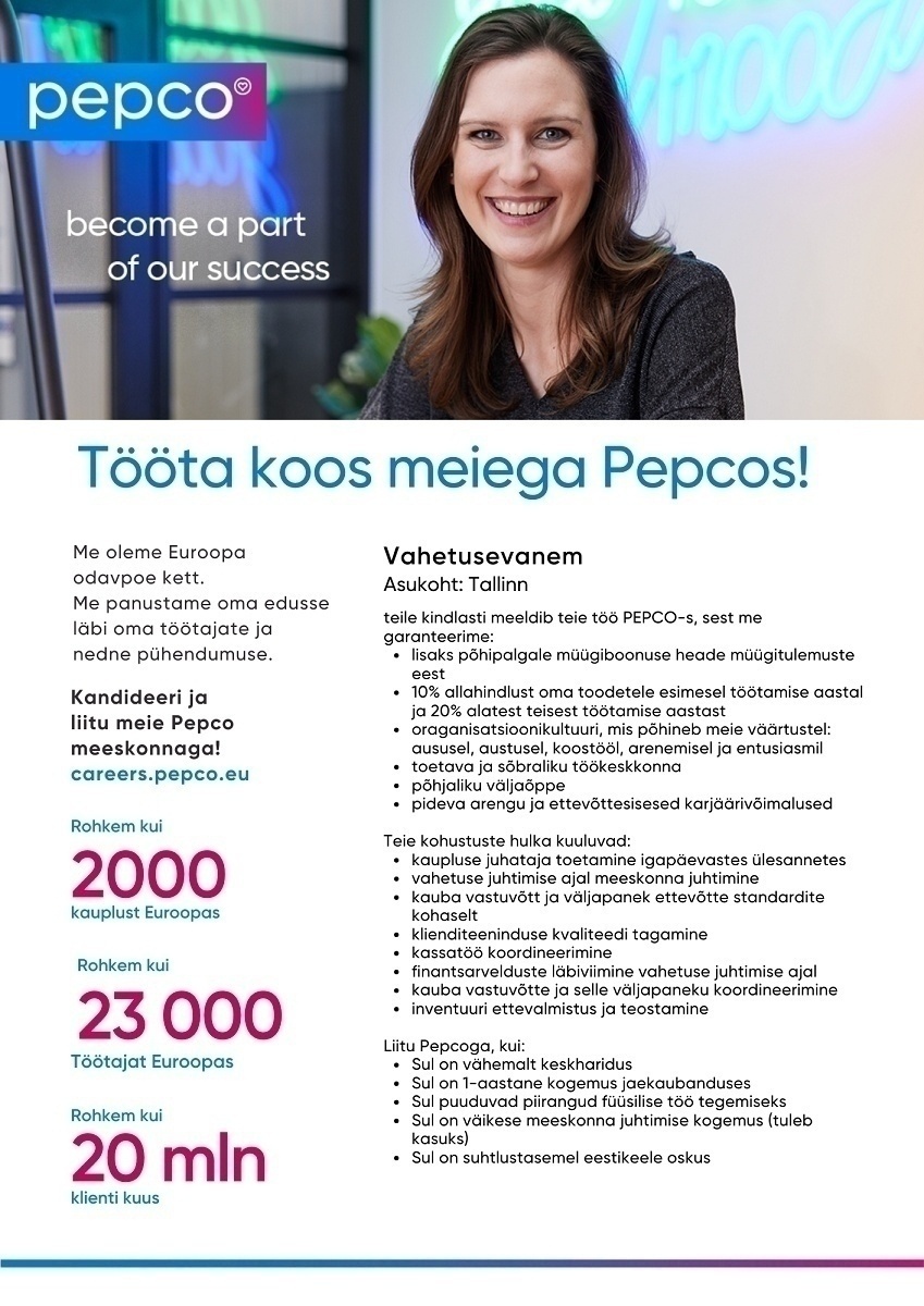 Pepco Eesti OÜ Vahetusevanem PEPCO Ülemiste Keskuse kauplusesse