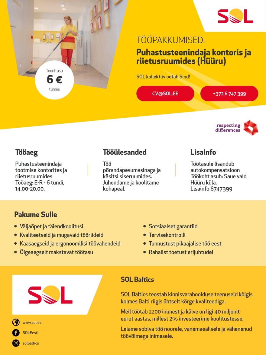 SOL Baltics OÜ Puhastusteenindaja tootmises (Hüüru)