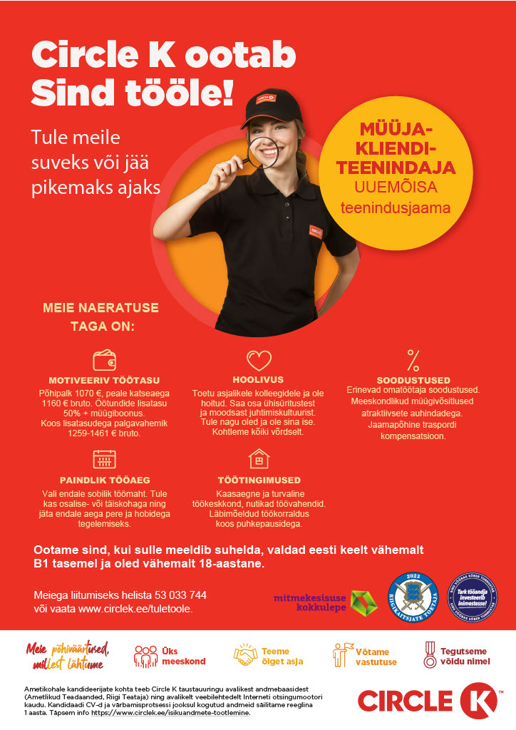 Circle K Eesti AS Müüja klienditeenindaja suveks Uuemõisa teenindusjaama