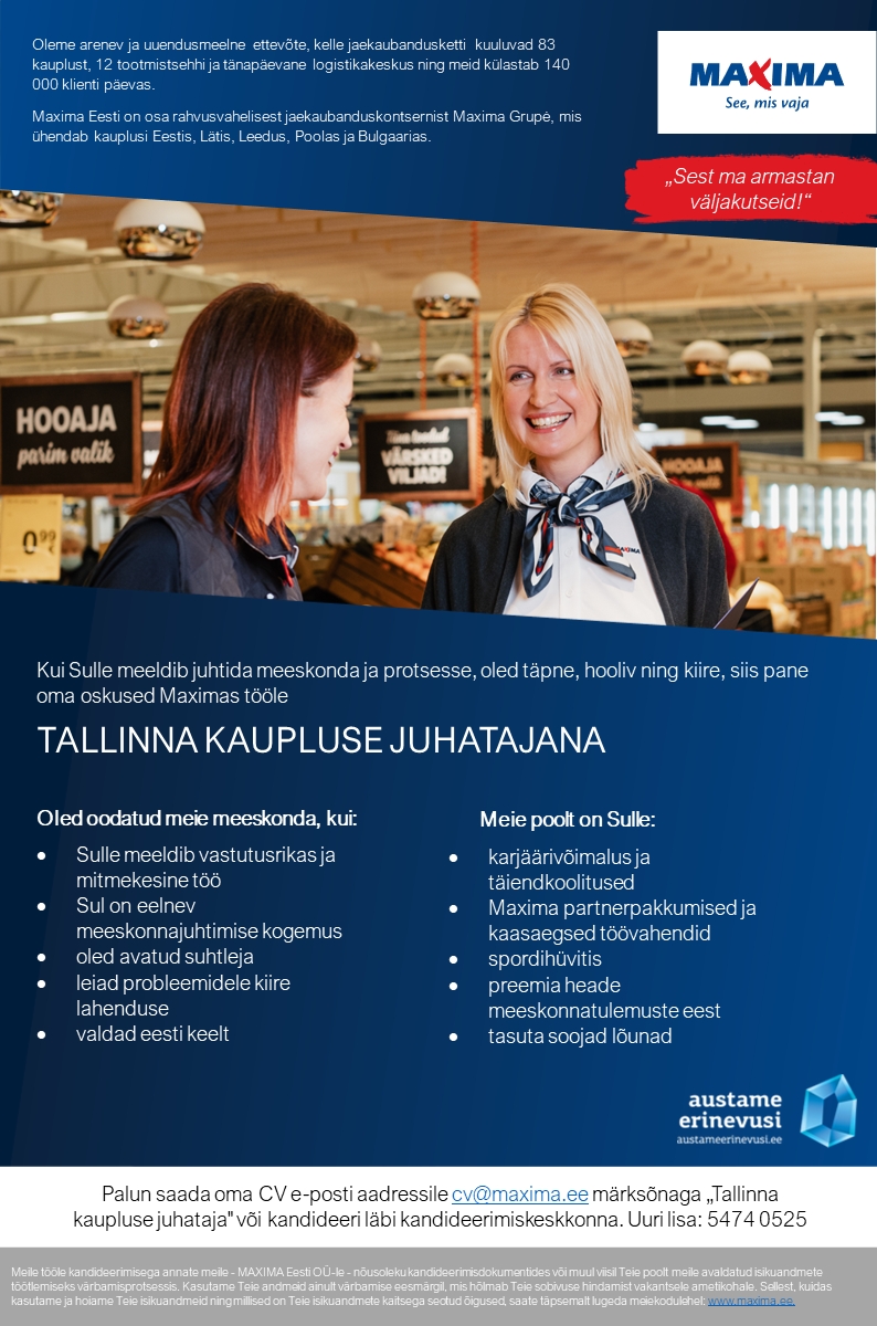 Maxima Eesti OÜ Tallinna kaupluse juhataja