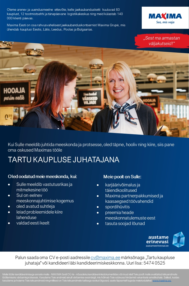 Maxima Eesti OÜ Tartu kaupluse juhataja