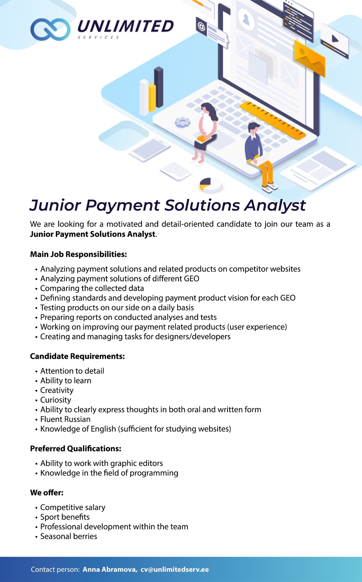 Unlimited Services OÜ Junior Payment Solutions Analyst