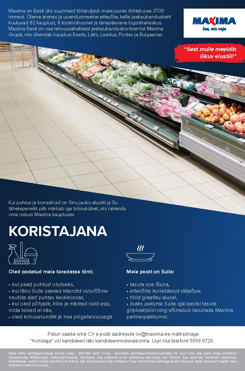 Maxima Eesti OÜ Koristaja Maardu Maximas 0,5 koormus