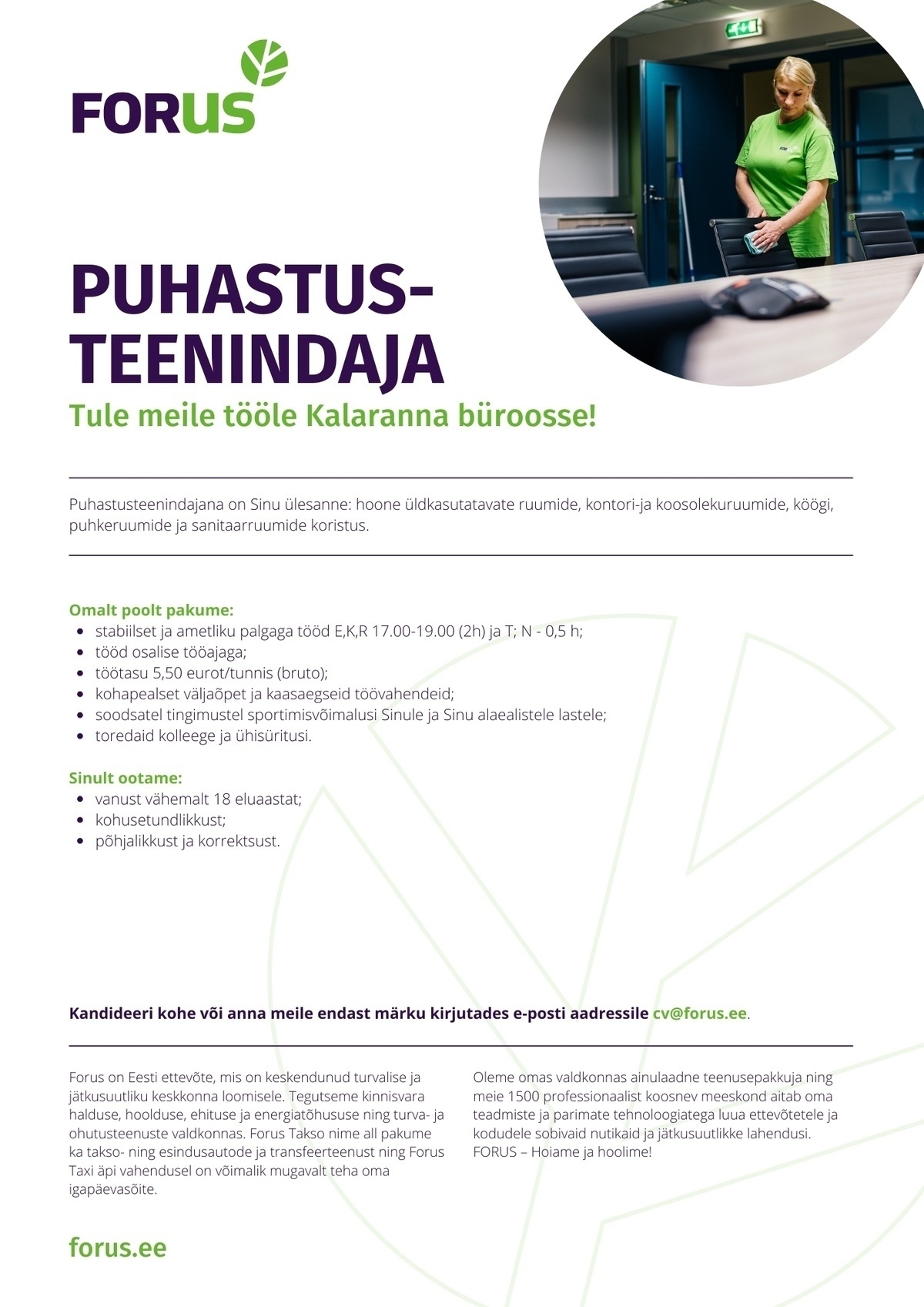 Forus Heakord OÜ Puhastusteenindaja Kalaranna büroos