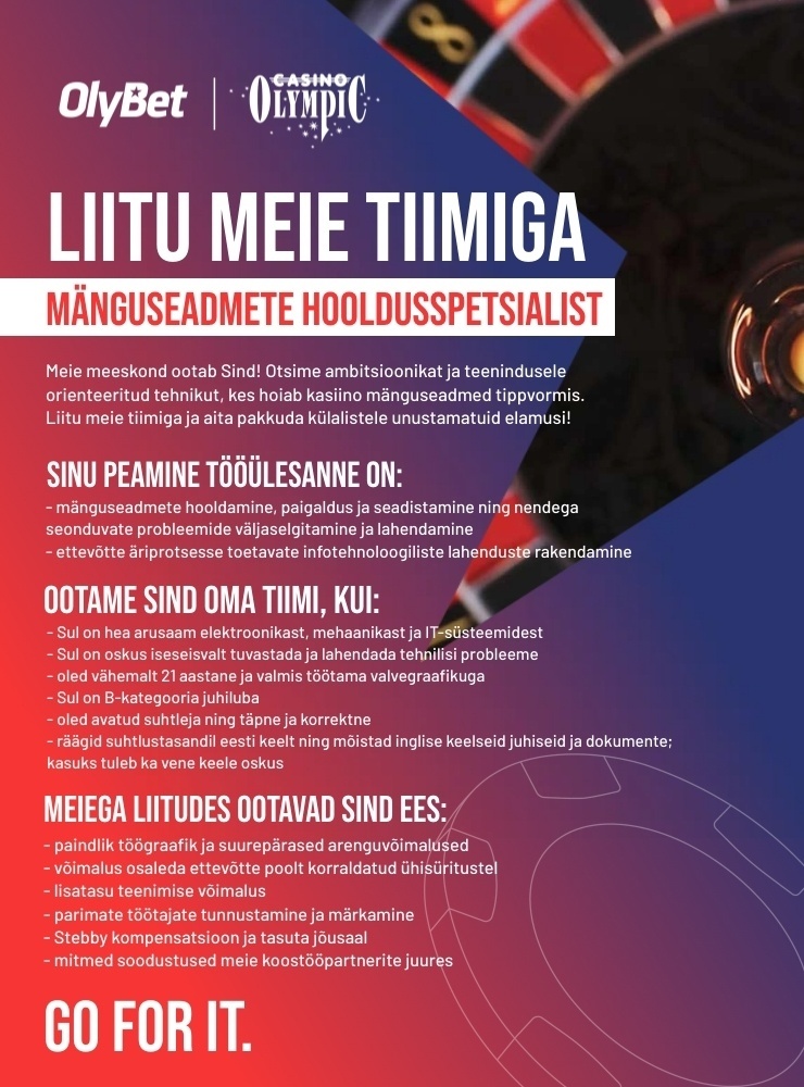 OLYMPIC ENTERTAINMENT GROUP AS Mänguseadmete hooldusspetsialist