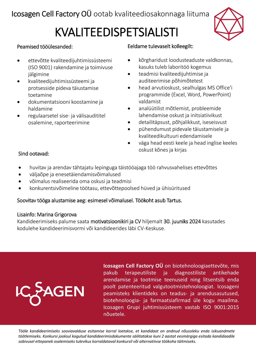 Icosagen Cell Factory OÜ KVALITEEDISPETSIALIST