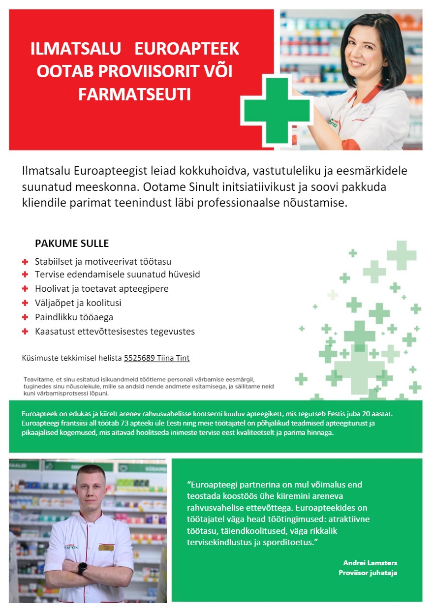 Euroapteek OÜ Proviisor või farmatseut Ilmatsalu Euroapteeki