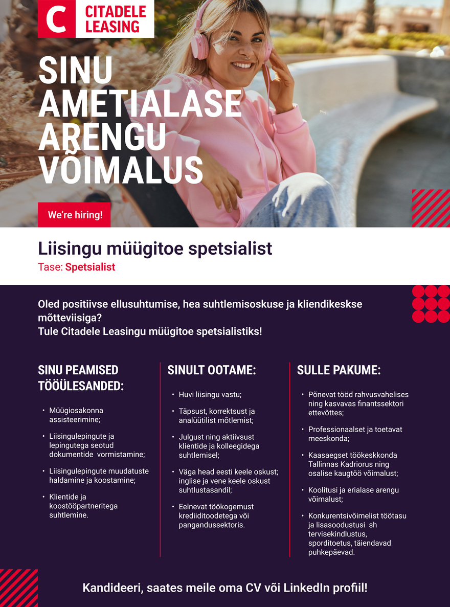 AS CITADELE BANKA EESTI FILIAAL Liisingu müügitoe spetsialist