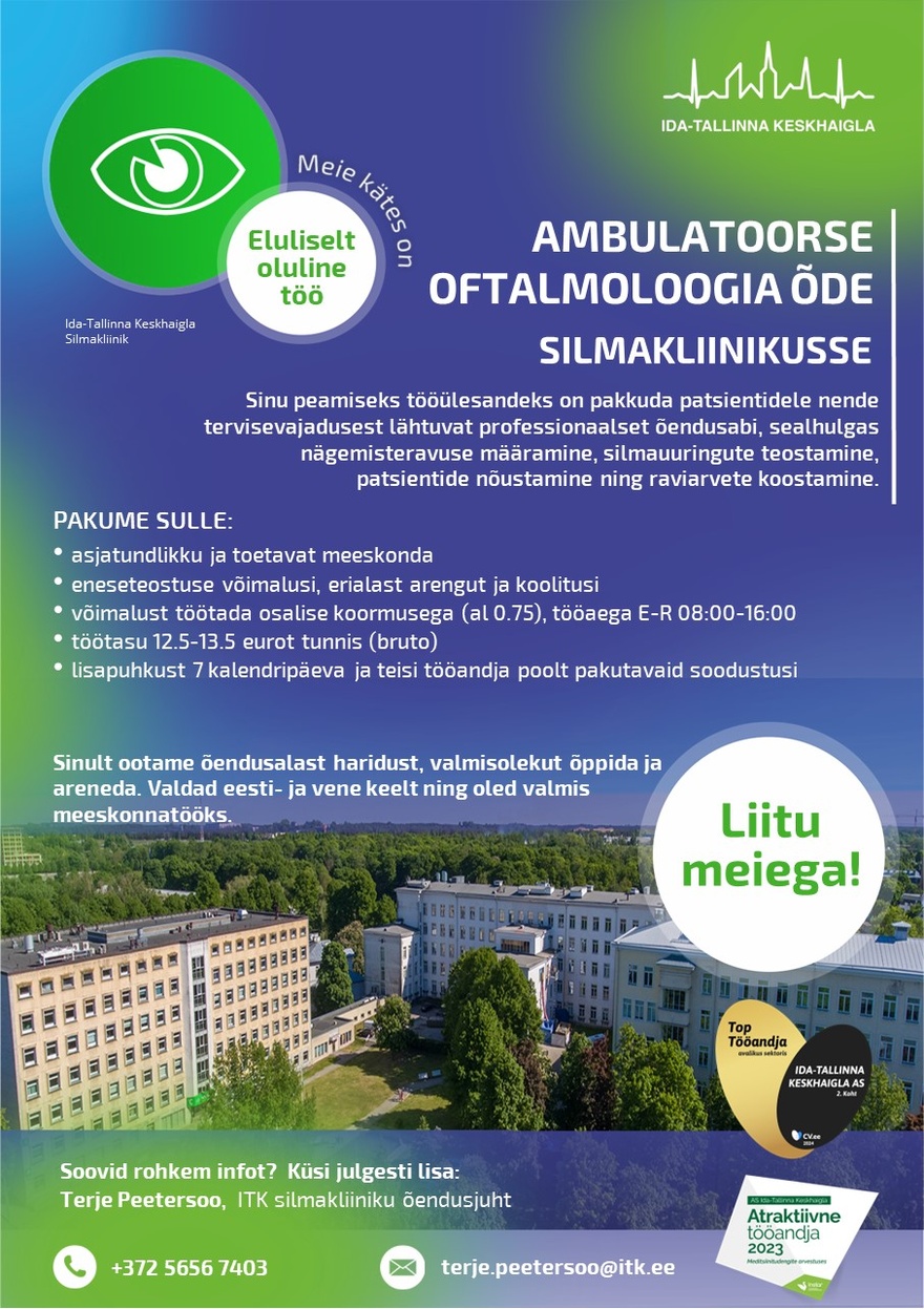Ida-Tallinna Keskhaigla AS Ambulatoorse oftalmoloogia õde silmakliinikusse