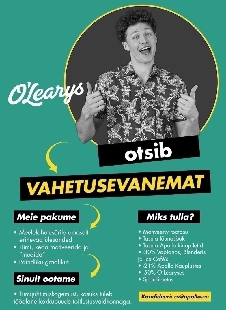 APL Restoranid OÜ Eedeni O'Learys kutsub tiimi VAHETUSEVANEMAT!