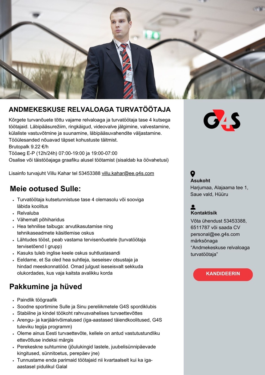 AS G4S Eesti Andmekeskuse relvaloaga turvatöötaja, brutopalk 9,22 €/h (MCF Group Estonia)