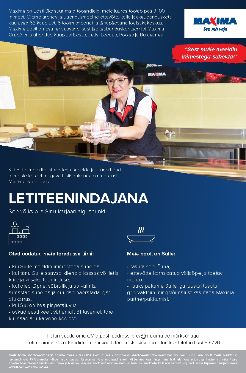 Maxima Eesti OÜ T-216 Letiteenindaja Mustamäe Maximasse