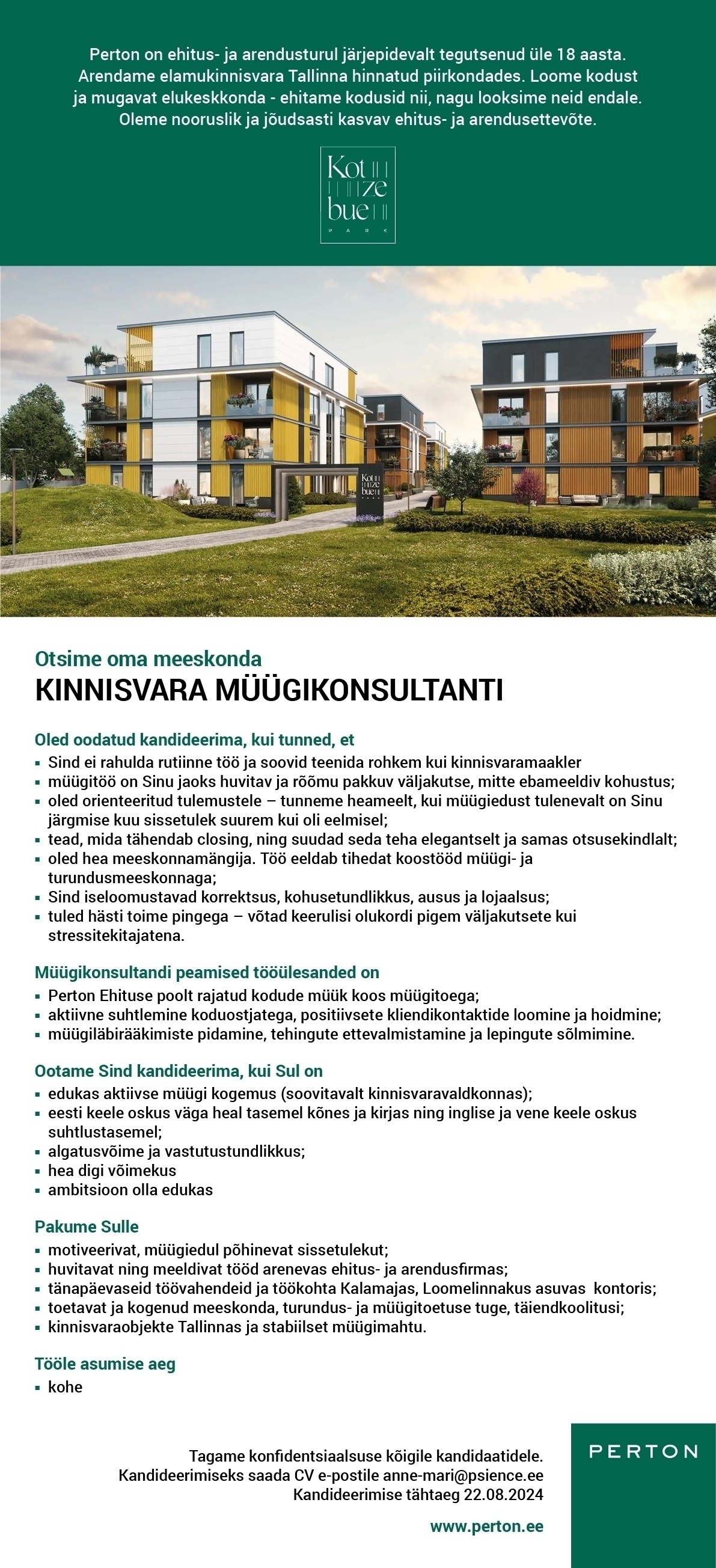 Perton Ehitus OÜ Kinnisvara müügikonsultant (Uusarendused)