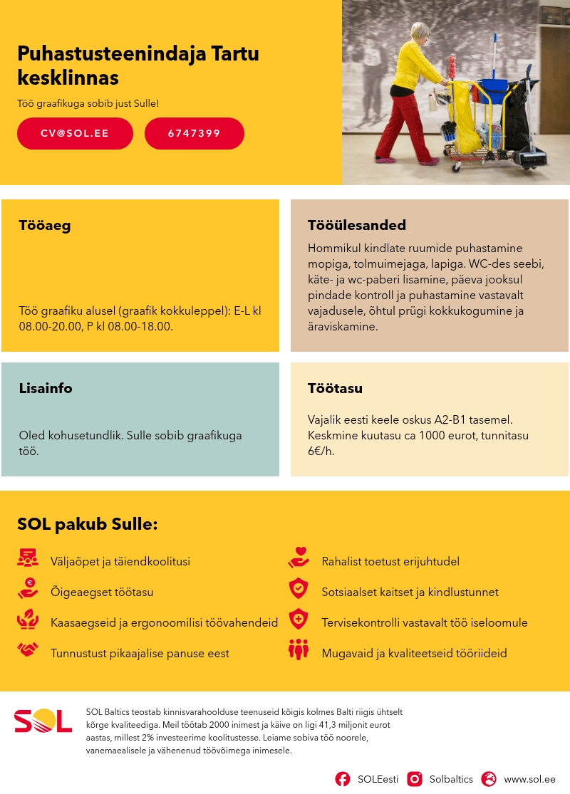 SOL Baltics OÜ Puhastusteenindaja Tartu kesklinnas