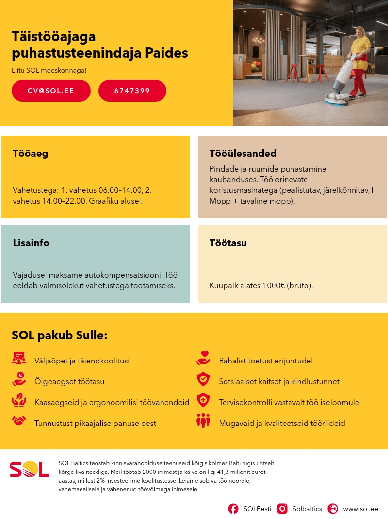 SOL Baltics OÜ Täistööajaga puhastusteenindaja Paides