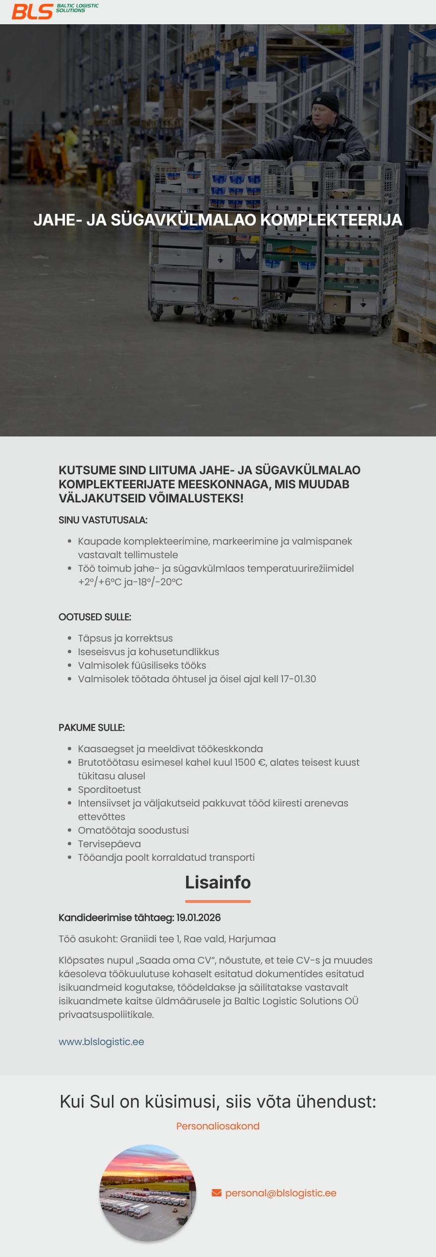 Baltic Logistic Solutions OÜ JAHE- JA SÜGAVKÜLMALAO KOMPLEKTEERIJA