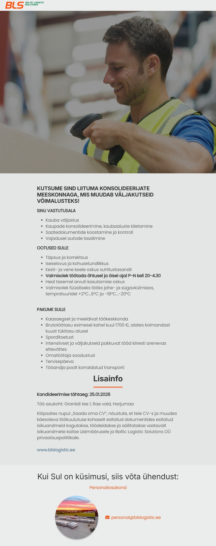 Baltic Logistic Solutions OÜ Jahe- ja sügavkülmosakonna konsolideerija