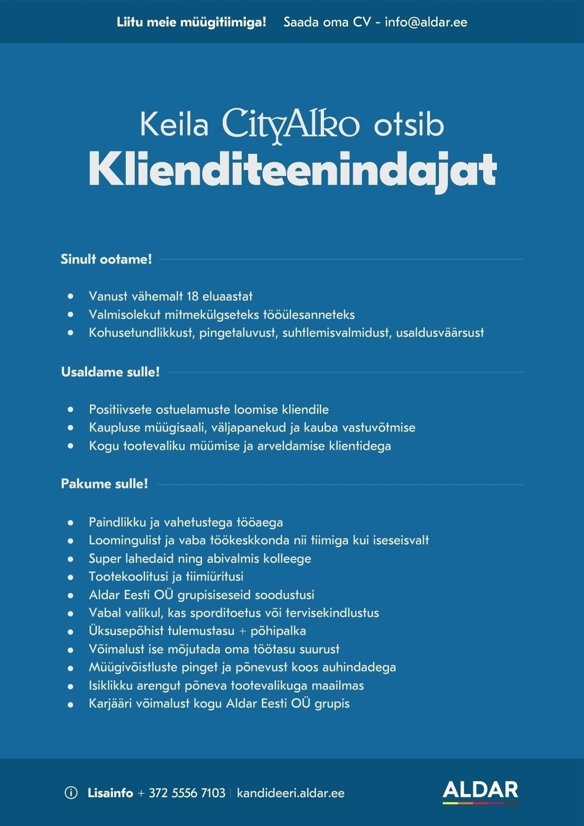 Aldar Eesti OÜ Klienditeenindaja Keila CityAlkosse